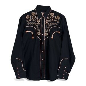 Womans Ranger's Western Black Rose Embroidered Snap Front Long‎ Sleeve Shirt L